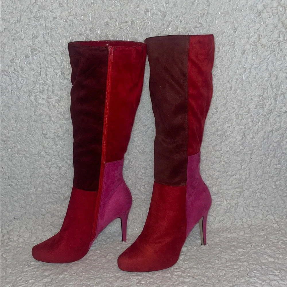 Pierre Dumas Amanda 6 Knee-High Boots in Red Burgundy Pink Colorblock, Size 10